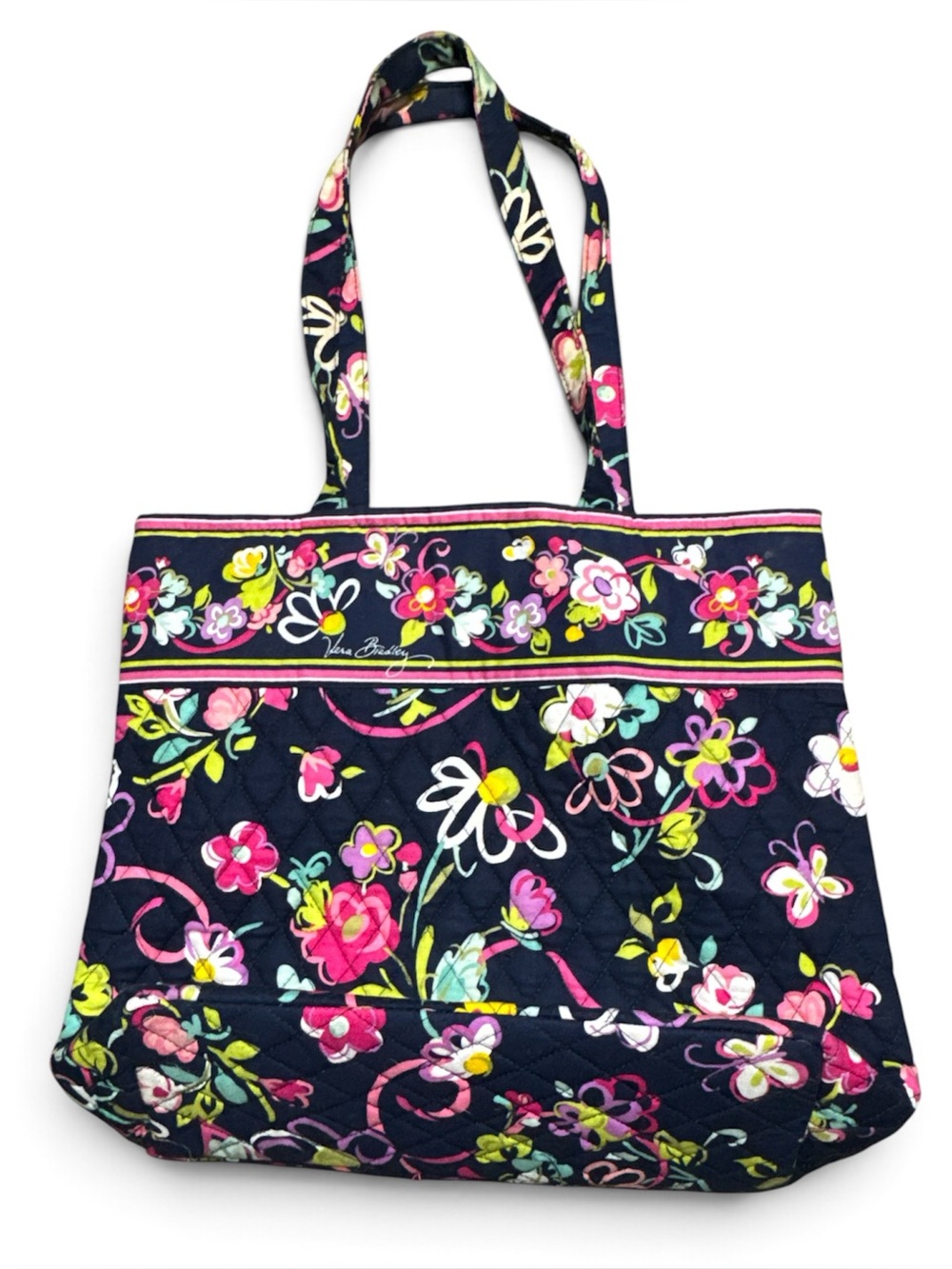 Vera Bradley Ribbons Navy Floral Quilted Tote Bag Retired 2012
